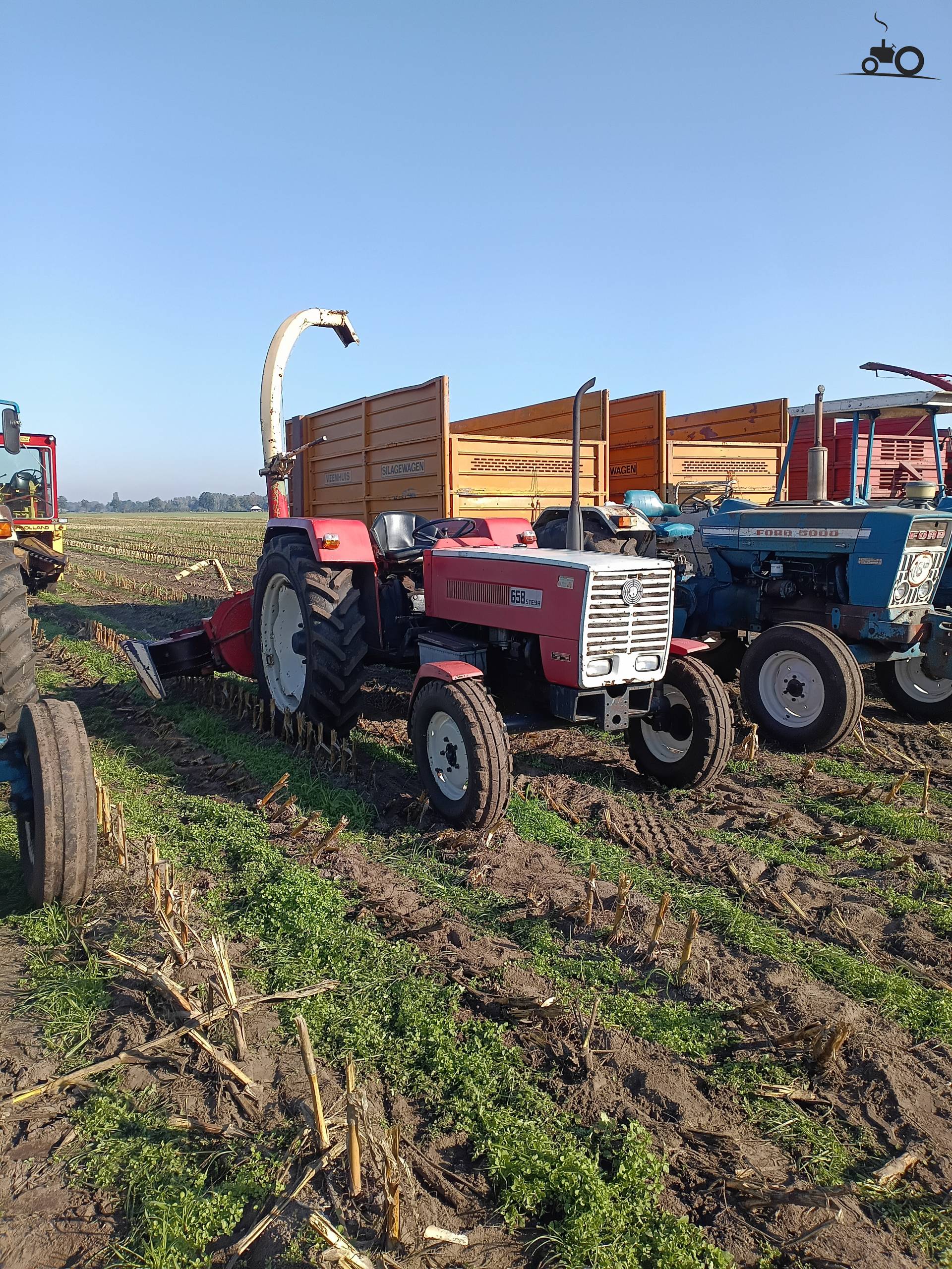 Steyr 658 met krone hakselaar in maisveld